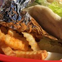 Gyro & Fries · Your choice: beef & lamb gyro meat or marinated chicken gyro meat served on a buttery pita w...