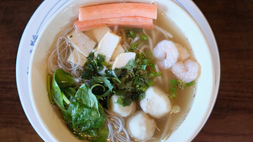 Seafood Noodle · Noodle with shrimp, fish ball, crab meat, and fish tofu in soup.