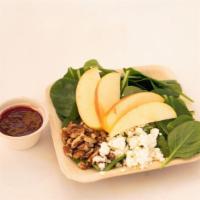 Spinach Salad · Fresh Baby Spinach, Feta Cheese, Gala Apple Slices served with Raspberry Vinaigrette and Cru...
