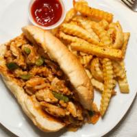 Chicken Cheesesteak · Four ounces. Chopped grilled chicken steak topped with mozzarella cheese, bell peppers, and ...