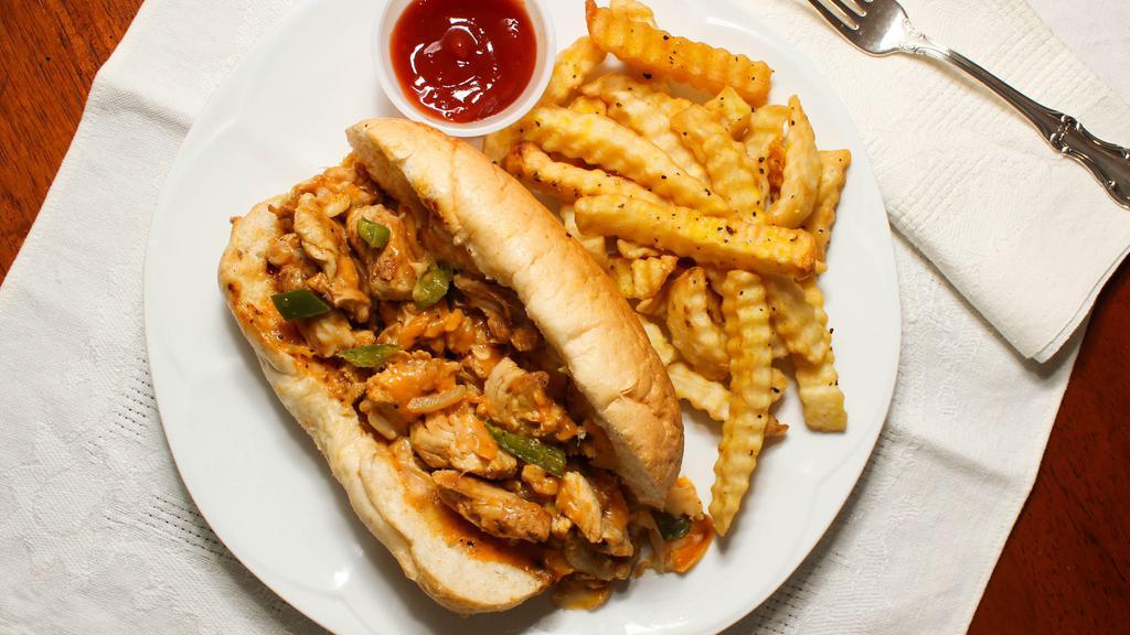 Chicken Cheesesteak · Four ounces. Chopped grilled chicken steak topped with mozzarella cheese, bell peppers, and onions.