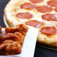 Small Pepperoni Pizza And Wings · Thinly sliced pepperoni pizza with extra mozzarella cheese.  Comes with 6 wings of your flav...