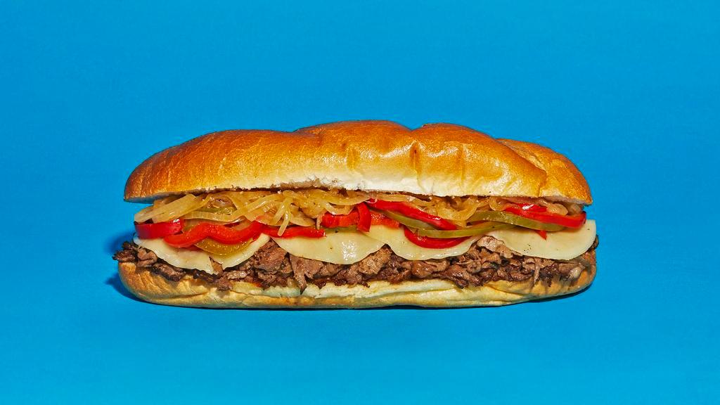 Roasted Peppers Cheesesteak · Sliced steak with melted provolone, grilled onions, and roasted bell peppers on a hoagie roll.