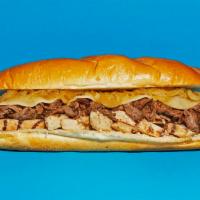 Mixed Meat Cheeseseteak · Sliced steak and chicken with melted provolone and grilled onions on a hoagie roll.