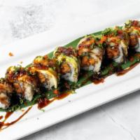 Alligator Roll · Spicy salmon topped with eel avocado, masago, scallion, and eel sauce.