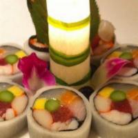 Aloha Sushi Poke · Favorite. Rainbow fish with cucumber, avocado, seaweed salad and pineapple in sweet spicy sa...