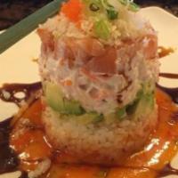 Sake Tower · Rice, avocado, crab salad, salmon with mango sauce, sweet chili sauce, eel sauce, tempura fl...