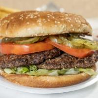 Fat Mo'S Burger Sandwich (1/2 Lb) · Served with mustard, mayonnaise, ketchup, pickles, lettuce, tomatoes, and onions.