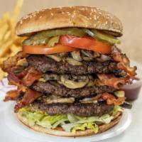 Fat Mo'S Super Deluxe Burger Sandwich (Over 27 Oz) · Served with mustard, mayonnaise, ketchup, pickles, lettuce, tomatoes, and onions.Also comes ...