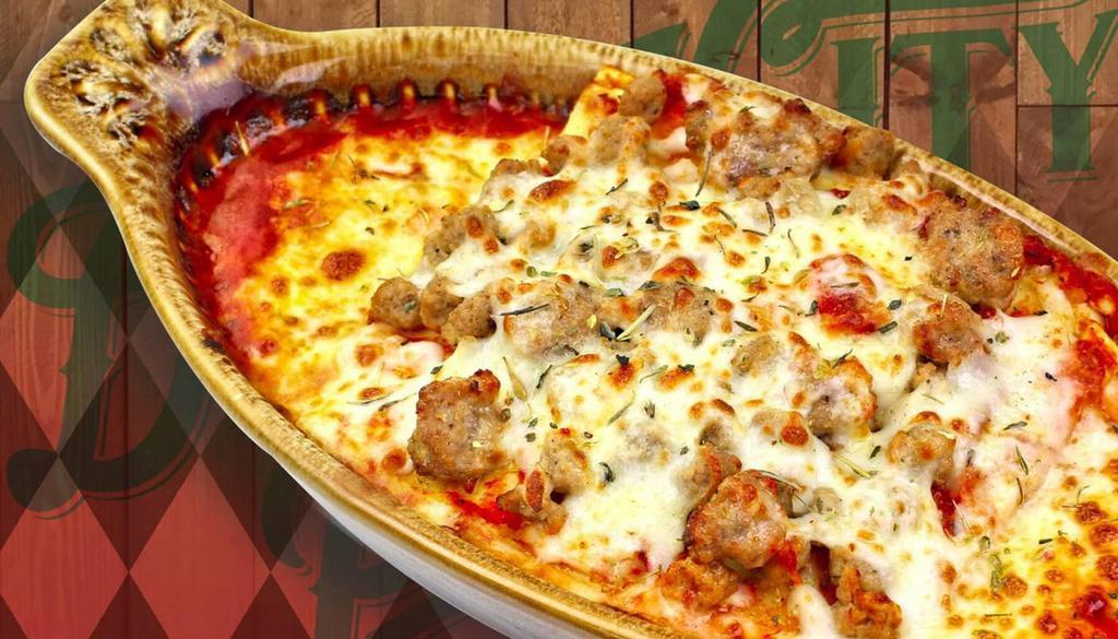 Lasagna · Layers of sausage, beef, onions, cottage cheese, Romano cheese, Italian sausage and Mozzarella cheese served with 1/2 loaf of garlic bread
