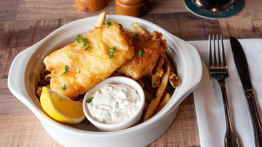 Fish & Chips · Guinness battered Atlantic cod, house-made tartar sauce and chips.