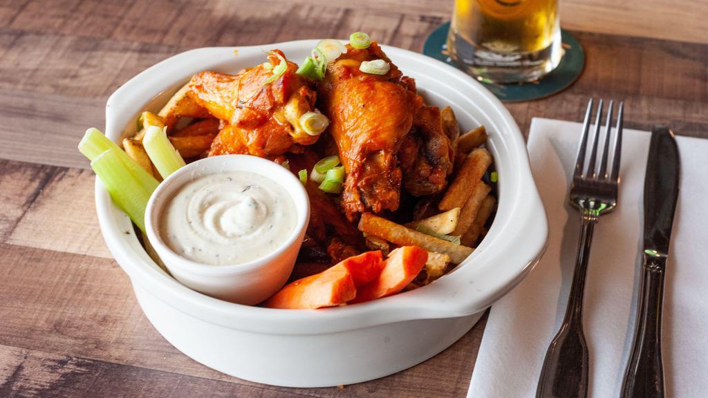 Hot Wings & Chips · Our famous hot wings tossed in your favorite sauce and poured over our twice fried fries. Choice of BBQ, buffalo, sweet heat, garlic parmesan,  or Irish Blonde.