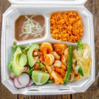 Shrimp Plate  · Rice, beans, salad , shrimp, grilled onion / jalapeño, tortillas