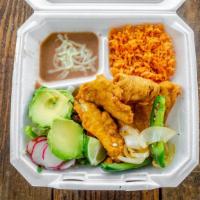Breaded Chicken Plate  · Rice, beans , salad , breaded chicken, grilled onion / jalapeño , tortillas