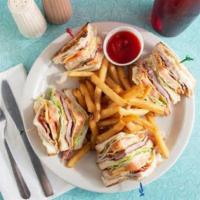 Club Sandwich On Toast · Turkey, ham, bacon, American cheese, lettuce, tomato, and mayonnaise. Served with choice of ...