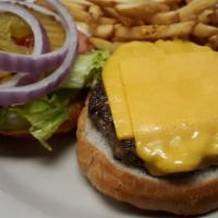 Big Dot Burger (6 Oz.) · Six ounce burger with purple onions, American cheese, pickles, lettuce, and tomato. Served o...