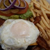 Breakfast Burger · Bacon, American cheese, and a fried egg. Served with choice of side.