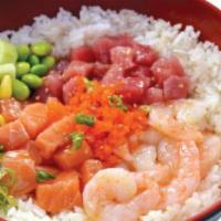 Aloha Favorite Bowl · Hot spicy, raw fish. Salmon, tuna, shrimp, cucumber, cilantro, edamame, sweet corn, seaweed ...