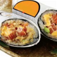 Salmon & Tuna Burrito · Contains: hot spice, raw fish
Salmon, tuna, cilantro, edamame, sweet corn, scallion, onion c...