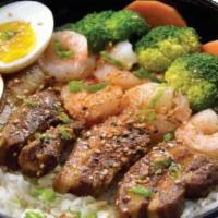 Braised Pork Belly And Shrimp Rice Bowl · 