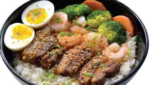 Braised Pork Belly And Shrimp Rice Bowl · 