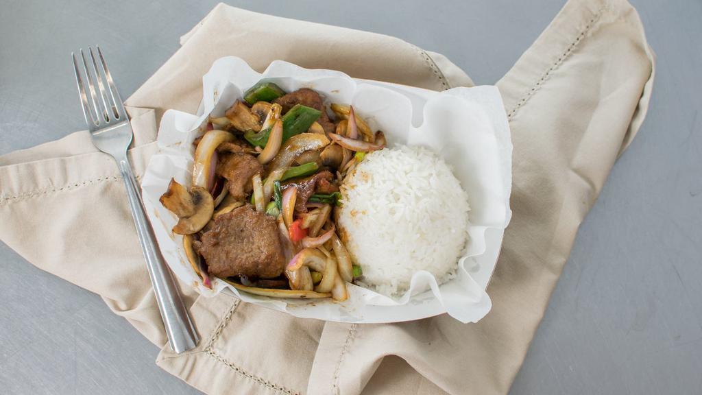 Mongolian Beef · Steak stir-fried with bell pepper, onions, mushroom and bean sprouts.