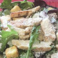 Caesar Salad With Chicken · Parmesan cheese, garlic croutons, caesar dressing, chicken.