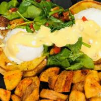Pleasure Point · Poached Eggs, Roasted Peppers, Spinach, Goat Cheese, English Muffin, Hollandaise