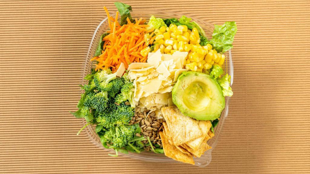 Veggie Delight · Romaine, arugula avocado, broccoli, carrots, corn, parmesan, pita chips, sunflower seeds. Suggested dressing: buttermilk ranch