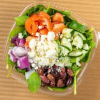 The Greek · Spinach cucumber, Feta, kalamata olives, red onion, tomato. Suggested dressing: balsamic vin...