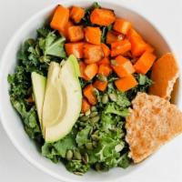 Kale & Squash Salad · kale, butternut squash, avocado, pumpkin seeds, parmesan crisp. dressing: maple basil (unles...