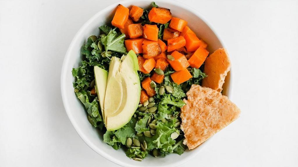 Kale & Squash Salad · kale, butternut squash, avocado, pumpkin seeds, parmesan crisp. dressing: maple basil (unless another dressing is selected) . suggested add-ons: chicken, over easy egg