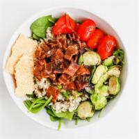 Brussels & Bacon Bowl · quinoa or brown rice, spinach, brussel sprouts, charred cherry tomato, bacon, parmesan crisp...