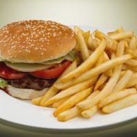 Cheeseburger Platter · French fries, American, lettuce, tomato, raw onions, pickles, and Kaiser roll.