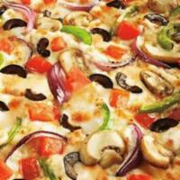 Vegetarian (Large) · Pizza sauce, pizza cheese, mushrooms, onions, black olives, fresh peppers, and tomato.