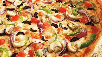 Vegetarian (Medium) · Pizza sauce, pizza cheese, mushrooms, onions, black olives, fresh peppers, and tomato.