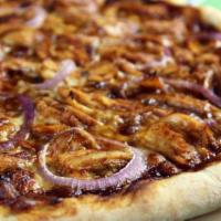 Bbq Chicken · BBQ sauce, pizza cheese, chicken, and onions.