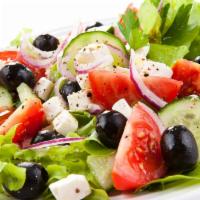 Greek (Large) · Lettuce, tomato, cucumbers, onion, carrots, red cabbage, pepperoncini, black olives and feta...