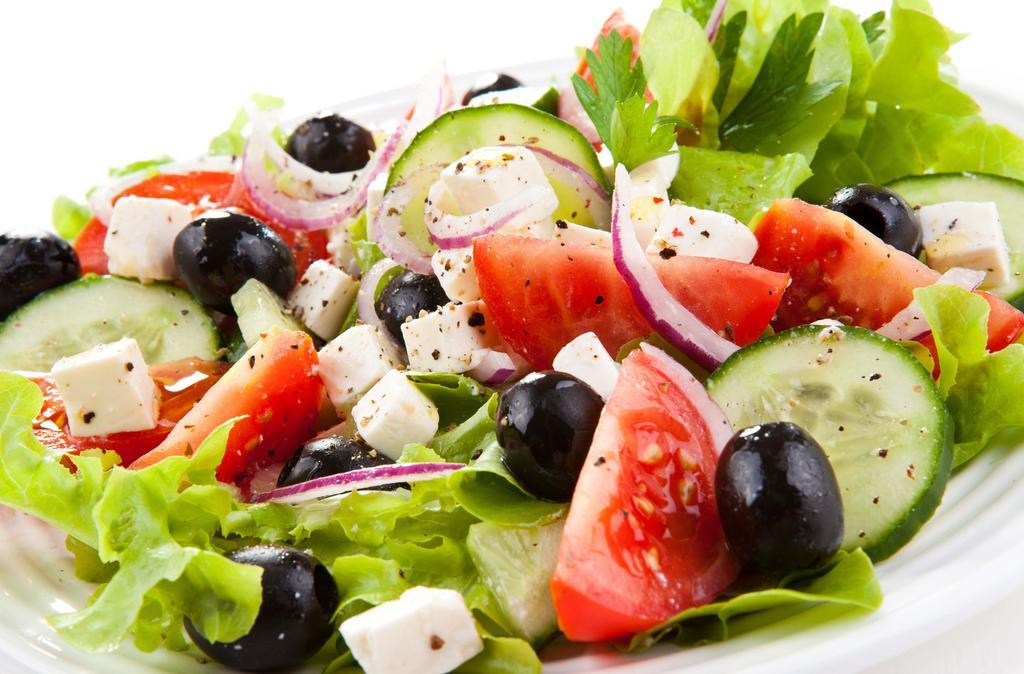 Greek (Large) · Lettuce, tomato, cucumbers, onion, carrots, red cabbage, pepperoncini, black olives and feta cheese.