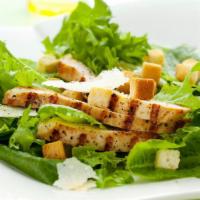 Grilled Chicken Caesar (Large) · Caesar, grilled chicken breast, romaine lettuce, tomato, Parmigiana and croutons.