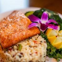 Salmon · Fresh North Atlantic salmon pan-seared to perfection. Served with broccoli and our house rice.
