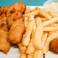Shrimp & Chicken Wings · Includes hush puppies, French fries.