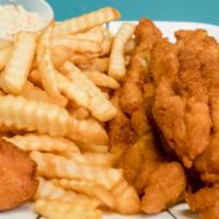 Catfish Fillet Dinner · Includes a hushpuppy, French fries.