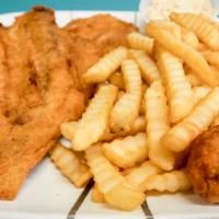 Croaker Fillet Dinner · Two fillets of croaker (bones).includes French fries, a hushpuppy.