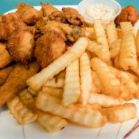 Fish, Shrimp, Scallop, & Oyster · Includes hush puppies, French fries.