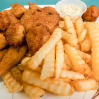 Shrimp & Scallops · Six pieces of shrimp and five pieces of scallops. Includes hush puppies, French fries.