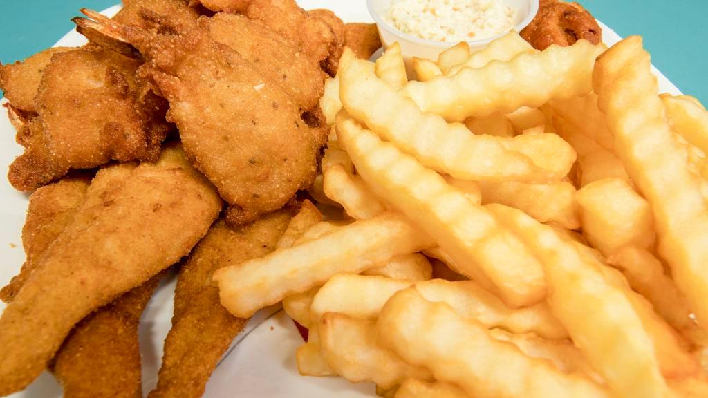 Fish & Shrimp · Three pieces of fish and six piece shrimp. Includes hush puppies, French fries.