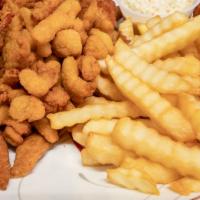 Shrimp & Clam Strips · Six pieces of shrimp and eight oz clam strips. Includes hush puppies, French fries.