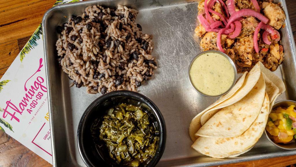 Jerk Tacos · Choice of island spiced chicken or Gulf shrimp,
black beans & rice, callaloo greens, mango salsa,
jalapeño ranch, flour tortillas