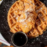 Fried Chicken & Waffles · Buttermilk fried chicken breast, Belgian waffle, and maple syrup.